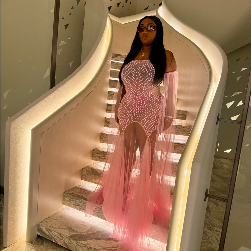 Private Label Pink Sheer Off-Shoulder Dress